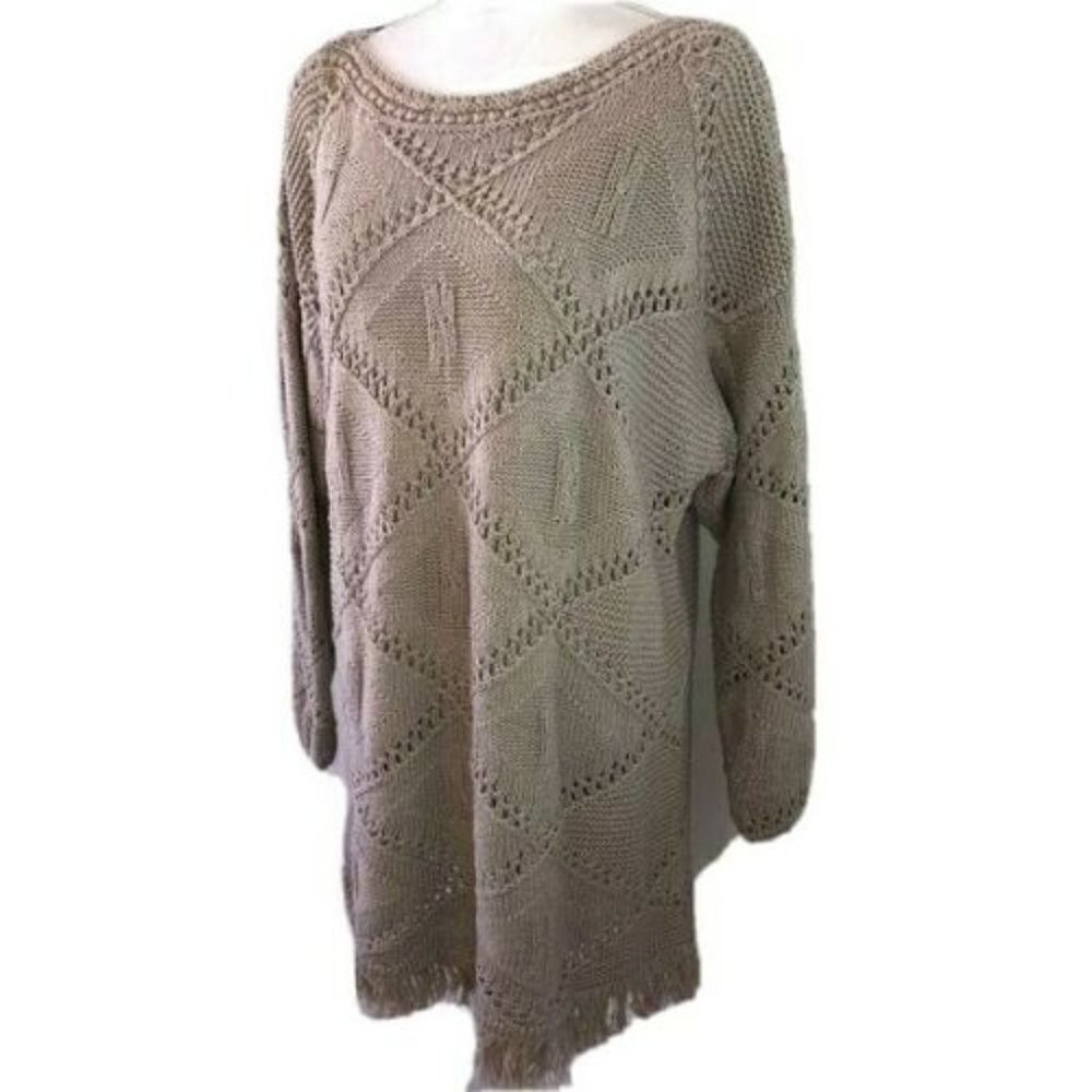 Yarnworks Handknit Dress Womens Size XL Tan Cotton Ramie Fringe Vintage Bohemian - Picture 1 of 10